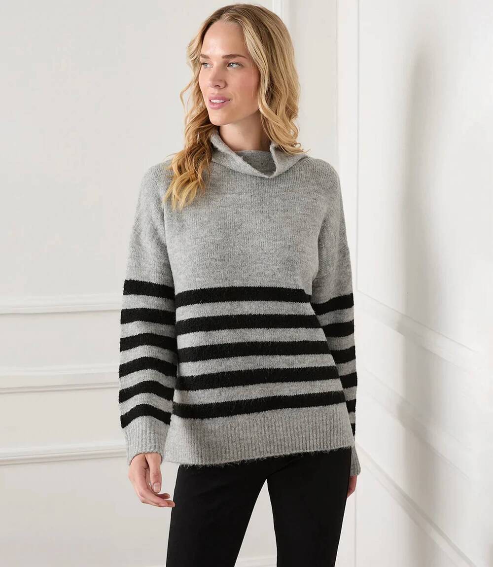 NEW KAREN KANE sloan stripe mockneck sweater in gray/black